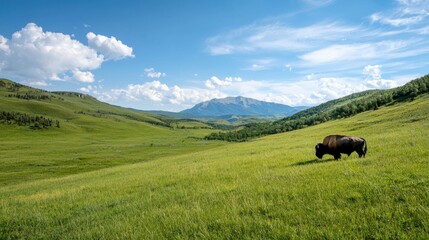 Obraz premium Majestic mountain landscape with grazing bison