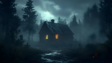 A lone cabin with warm lights glows in a misty forest.