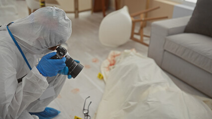 A man in a hazmat suit photographs evidence at a detailed indoor crime scene investigation.