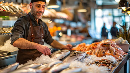 a fishmonger at a seafood market, skillfully preparing fish on a wooden counter, with an array of fresh fish and shellfish on ice in the background