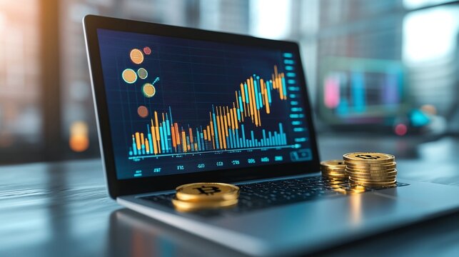 A laptop displaying a gold Bitcoin with rising financial graphs, illustrating cryptocurrency growth, set on a light blue digital background, concept of investment and finance. 3D Rendering