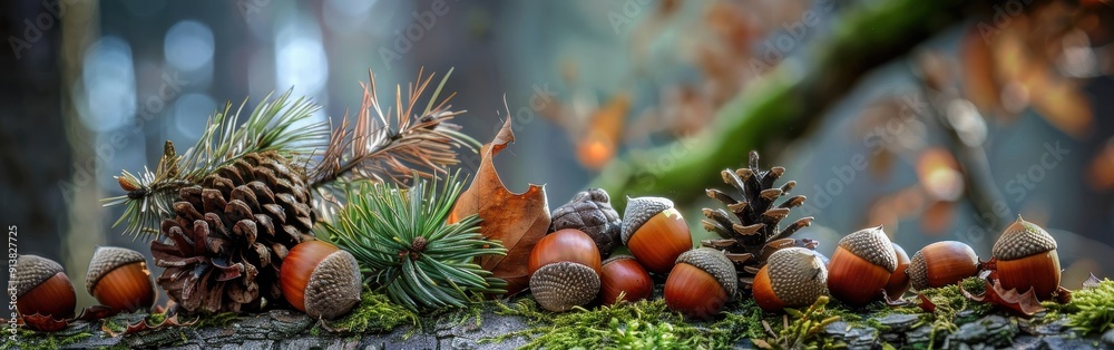 Poster acorns and a pine cone are nestled amongst fallen leaves and evergreen branches on the forest floor.