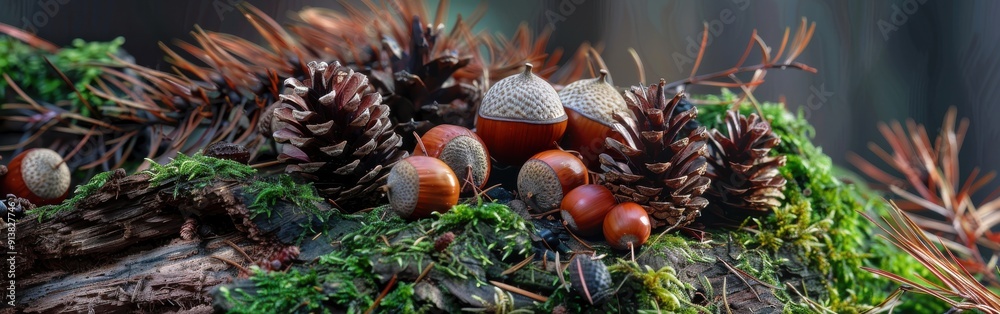 Poster a close-up shot of several acorns and pine cones resting on a mossy forest floor. the acorns are bro