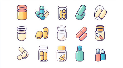 Pill, pain relief, and vitamin signs. Pharmacy symbols. Drug icons in color and outline. Capsule and bottle pictograms. Vector images on white background.