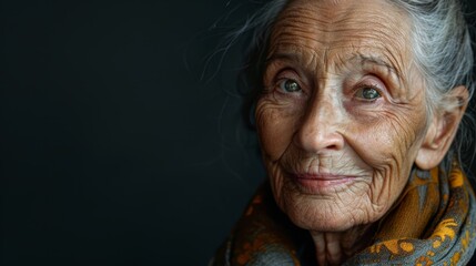 Obraz premium An older woman, her gray hair draped in a scarf, gazes intently into the camera with a grave expression