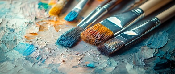 Fototapeta premium Artistic painting tools, paintbrushes and palette on an artist's table.