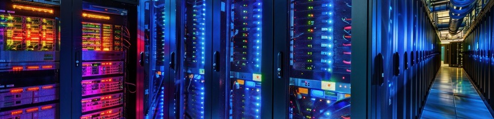 Super computer technology. Multiple rows of modern server racks. Telecommunications, cloud computing, artificial Intelligence and database