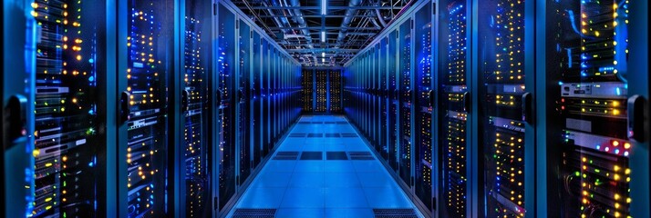 Super computer technology. Multiple rows of modern server racks. Telecommunications, cloud computing, artificial Intelligence and database