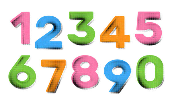 Halftone dots number set. Dotted font vector.
