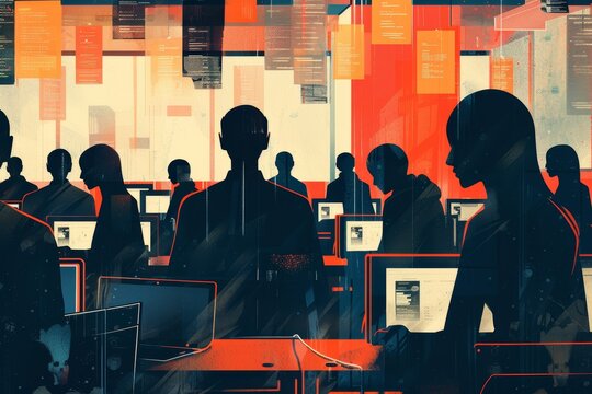 Faceless Employees in Modern Office Illustrating Toxic Workplace and Lack of Personal Identity