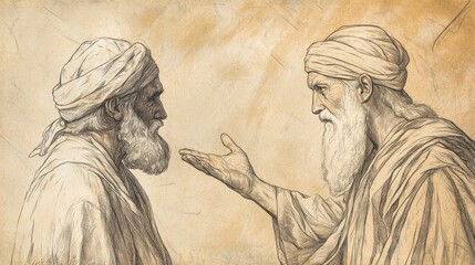 Fototapeta premium Biblical Illustration of Allotment for Caleb: Joshua blessing Caleb, acknowledging his faith and courage, Beige Background