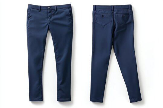 Navy blue dress pants front and back view on white background
