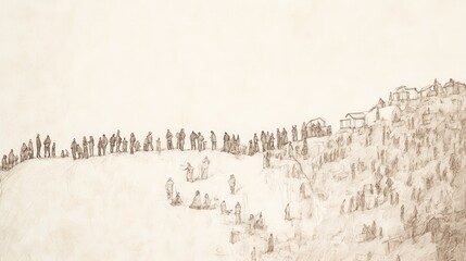 Obraz premium Biblical Illustration of The Allotment for Ephraim: The people of Ephraim building homes and establishing towns in their new territory, Beige Background