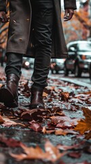 Naklejka premium A man in a brown coat and dark jeans walks through a city street covered in fallen leaves. His boots are in focus, and the leaves beneath his feet are blurred, creating a sense of motion. In the backg