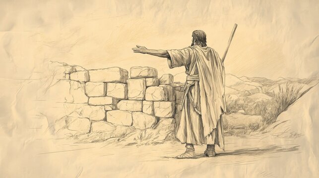 Biblical Illustration of Memorial Stones: Joshua selecting a place to set up the memorial stones in the camp at Gilgal, Beige Background