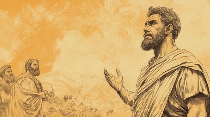 Fototapeta premium Biblical Illustration of Joshua's Farewell Address: Joshua reminding the Israelites of God's faithfulness and the miracles He performed, Beige Background