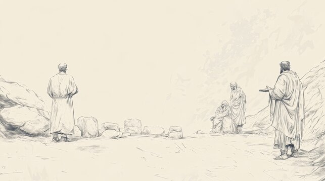 Biblical Illustration of Crossing the Jordan: Joshua offering a prayer of thanks at the memorial of twelve stones, Beige Background