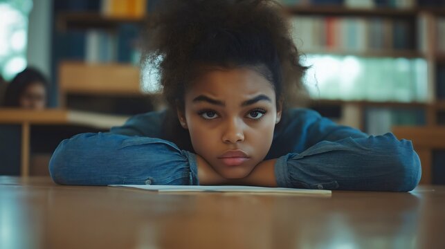 Tired and sleepy young teenager student lying on desktop in school or university classroom during class, bored African American young woman or girl showcasing disinterest for lesson and exhaustion