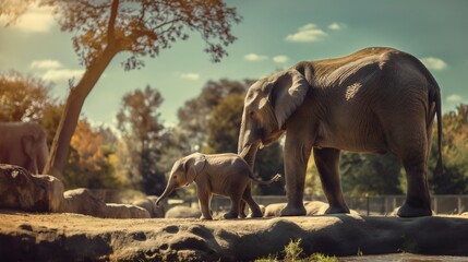 Fototapeta premium Two African elephants, a mother and her calf, are walking through the tropical savannah on a sunny safari in search of water. Wildlife animals, giant herbivores, mammals with trunks, the wilderness