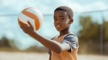 African American boy, a little male preteen, adolescent, or toddler, playing volleyball outdoors on...