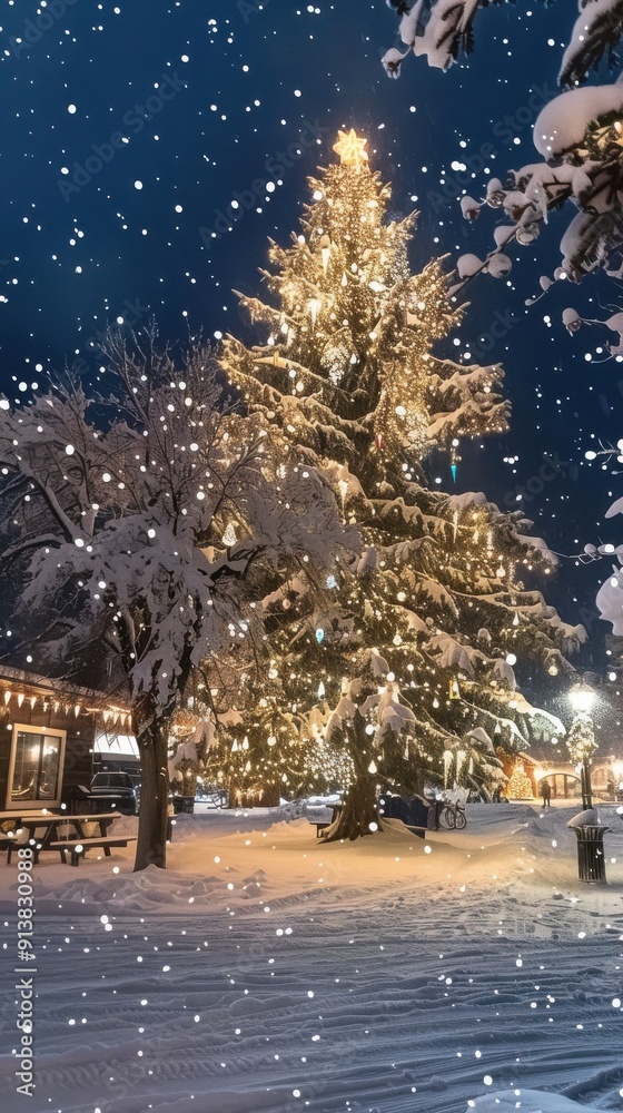 Poster a large christmas tree covered in snow and twinkling lights stands in the center of a town square on