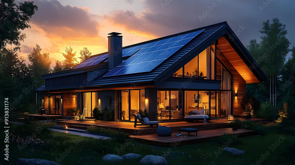 Poster Modern home with solar panels at dusk.