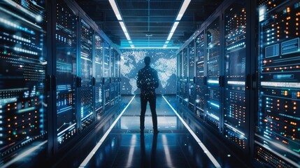 IT Technician Overseeing Data Flow in High-Tech Server Room with Digital Screens Displaying Network Traffic
