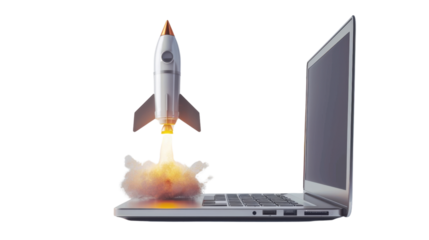Rocket exiting laptop screen on transparent background