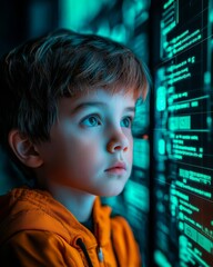 Hologram child safety, advanced security partnership, futuristic AI interface, urban tech background