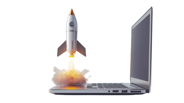 Rocket exiting laptop screen on transparent background
