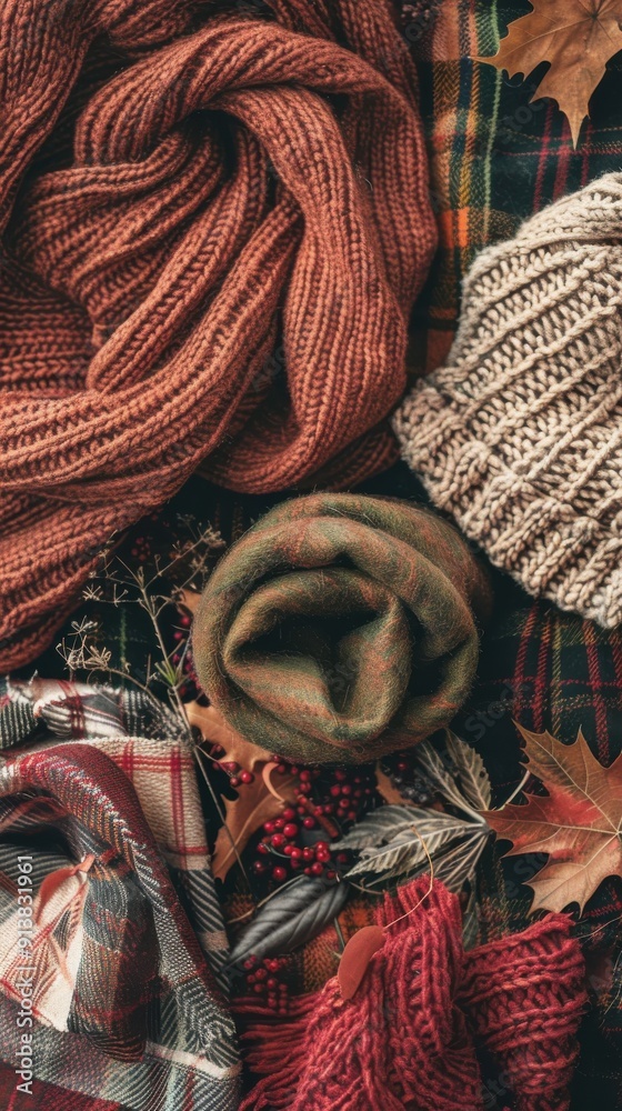 Poster A close-up shot of various knitted fabrics and plaid patterns, featuring a soft, earthy color palette. The textures of the knitted wool and the patterns of the plaid create a warm and inviting feel, e