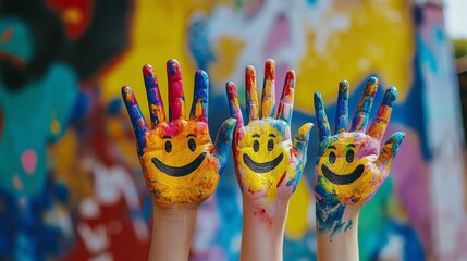 Multiple hands with colorful paint and smiley faces, against a blurred background, symbolizing happiness and creativity, Generative AI. Generative AI