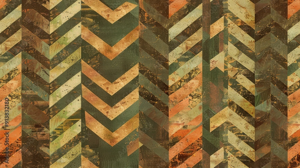Poster A close-up image of an abstract chevron pattern. The pattern is composed of various shades of orange, green, and brown, creating a layered, textured effect.