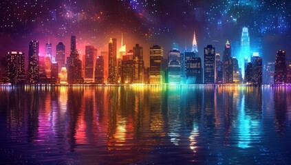 Fototapeta premium Nighttime Cityscape with Colorful Reflections