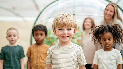 Obraz premium Diverse group of children playing under a protective dome with parents standing around, representing care and community, safety, children, collaboration
