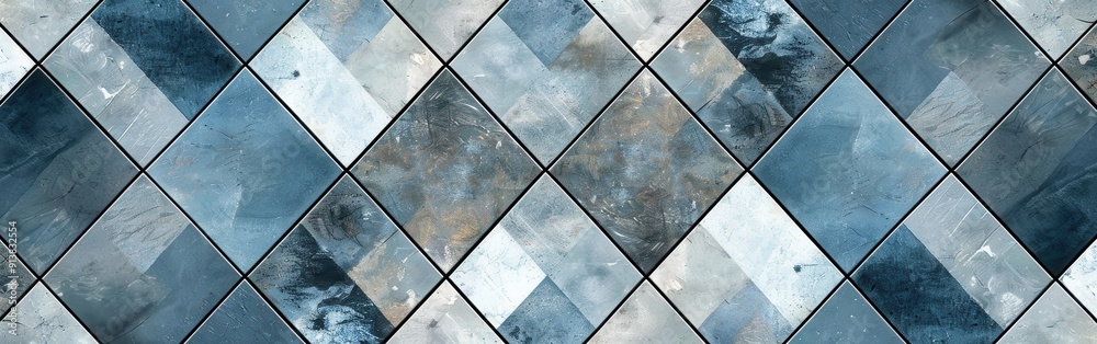Poster a close-up shot of a wall covered in diamond-shaped tiles. the tiles are a mix of blue and white, wi