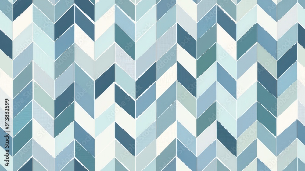 Poster This image features a repeating geometric pattern of blue and white chevron shapes. The pattern creates a sense of movement and depth, with the various shades of blue adding visual interest. The clean