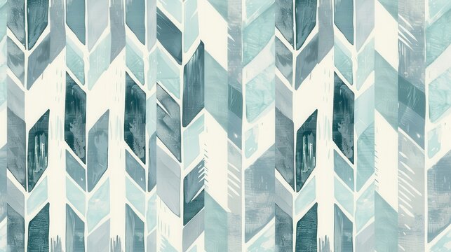 This abstract design features a chevron pattern rendered in shades of teal, blue, and white. The shapes are painted in a watercolor style, creating a soft and airy feel.