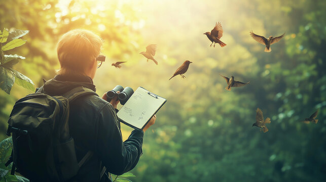  A birdwatcher with binoculars and a notebook, observing birds in a serene natural setting