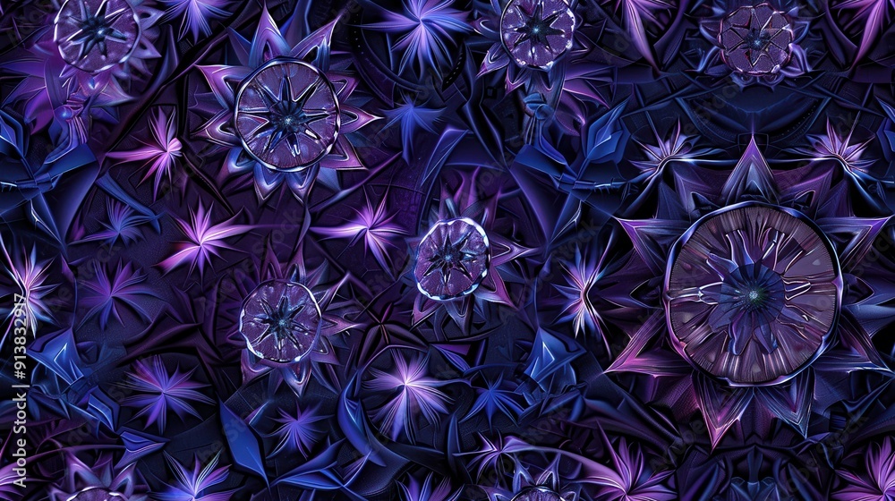 Fototapete The image features a seamless pattern of abstract geometric flowers in shades of purple and blue. The flowers are arranged in a random pattern, with some overlapping. The background is a dark purple c