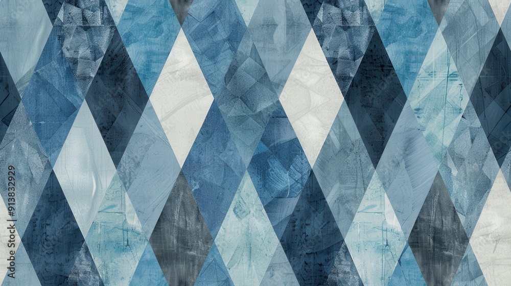 Aufkleber A blue and white geometric pattern made up of overlapping diamonds. The pattern is abstract and has a painterly, textured feel. The colors are muted and blend together softly.