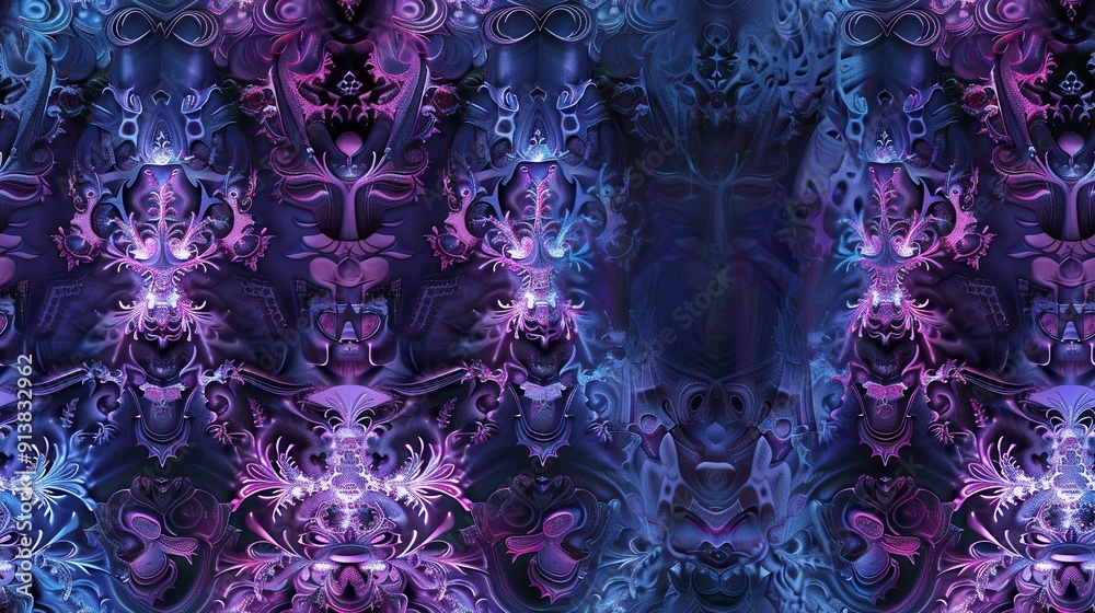 Poster a digitally generated, symmetrical pattern of abstract purple and blue shapes. the shapes resemble s