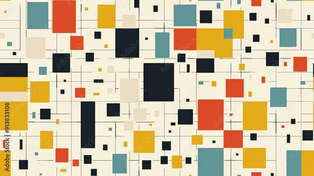 Poster This image features a modern abstract geometric pattern. The background is a light cream color, and the design is made up of a variety of overlapping squares in red, yellow, blue, and black. Thin blac