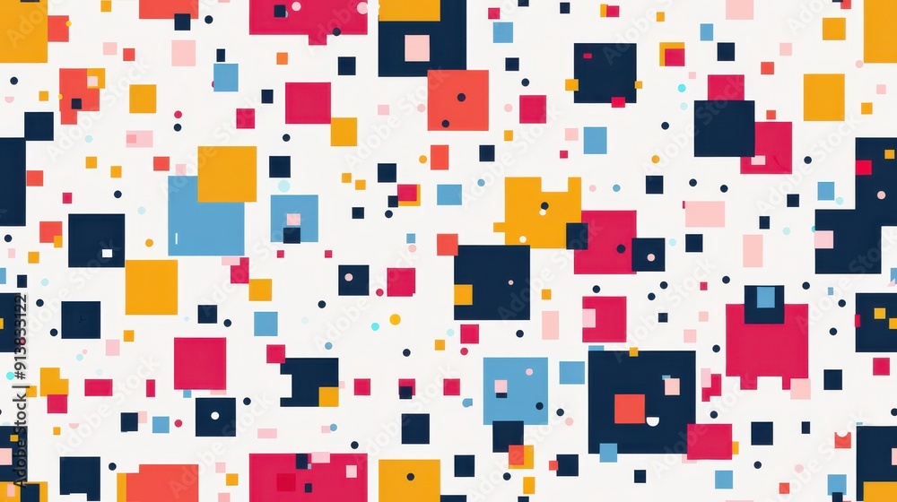 Poster a white background covered in colorful squares of various sizes, with some smaller black circles sca