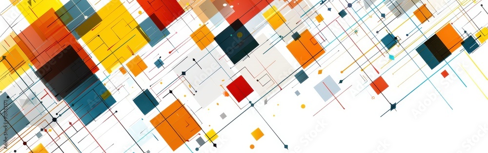 Leinwandbilder An abstract design featuring a white background with intersecting black lines and overlapping colored squares. The squares are of various sizes and shapes, primarily red, yellow, orange, blue, and gre