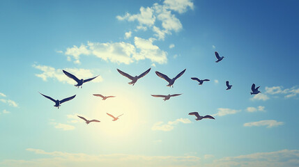 Obraz premium birds in the sky. A flock of birds flying gracefully across the sky, capturing the beauty and movement of their flight