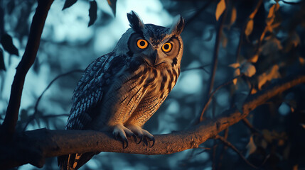 A majestic owl perched on a tree branch at dusk or nighttime, with its eyes glowing in the low light