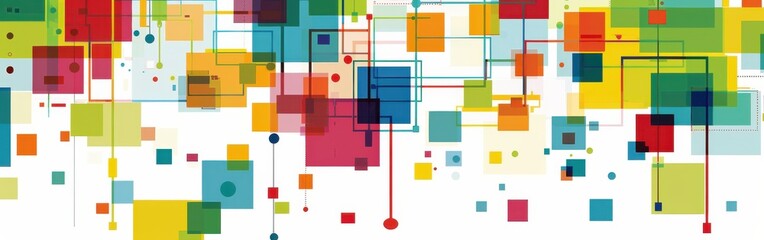 An abstract design features numerous colorful squares of various sizes and transparency, arranged in a seemingly random pattern. Thin lines connect some of the squares, creating a sense of interconnec