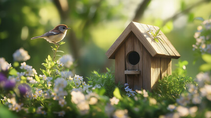 bird house on a tree, A small bird visiting a charming birdhouse in a garden, surrounded by blooming flowers and greenery