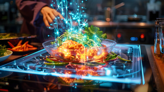 A futuristic holographic cooking competition challenges chefs to create virtual dishes in VR kitchen.